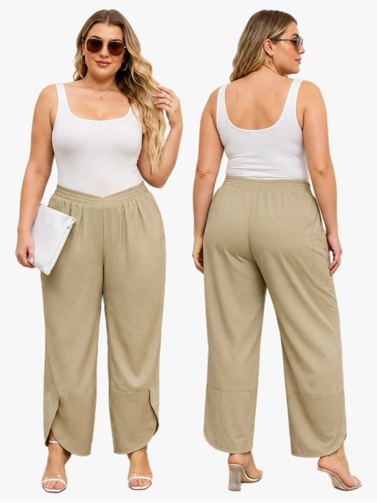 Aovde Pants - NWT AOVDE Plus Size 16 Khaki Tan Wide Leg Cargo Pants Elastic Waist Cropped